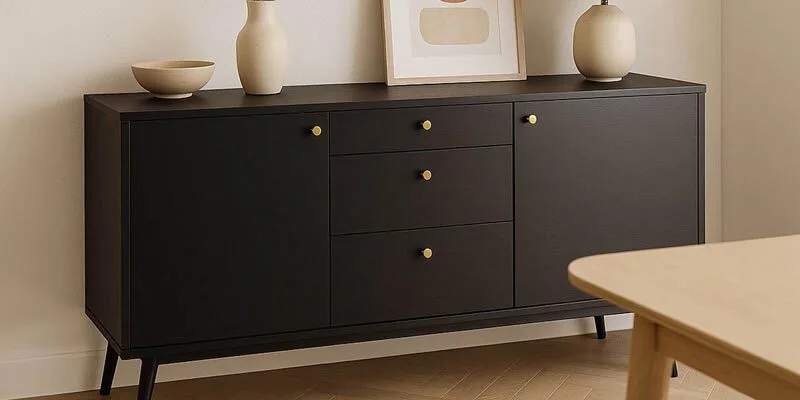 Buffet da salotto effetto legno nero con 2 ante e 3 cassetti